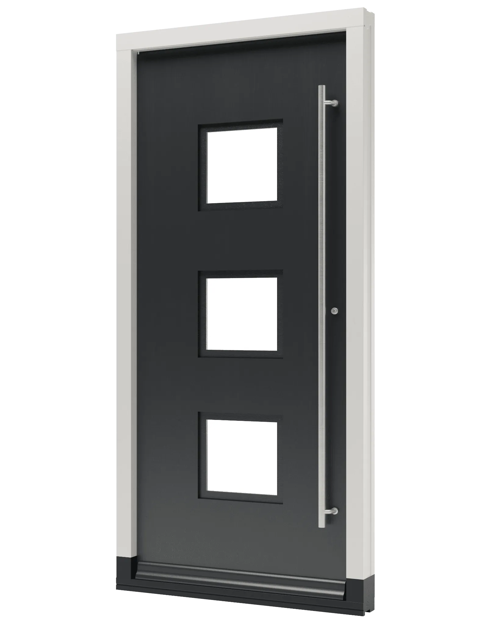 Houten voordeur met drie vlakken glas en een lange handgreep