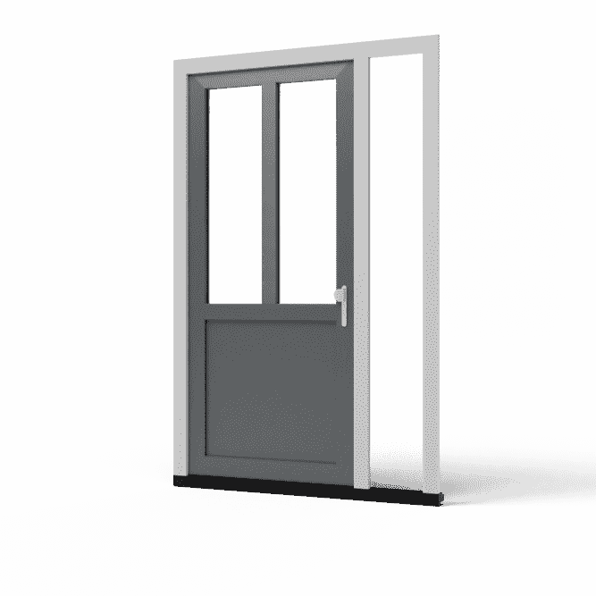 Grijze kunststof voordeur met rechts een vast zijlicht, uitgevoerd als binnendraaiende deur in modern design.